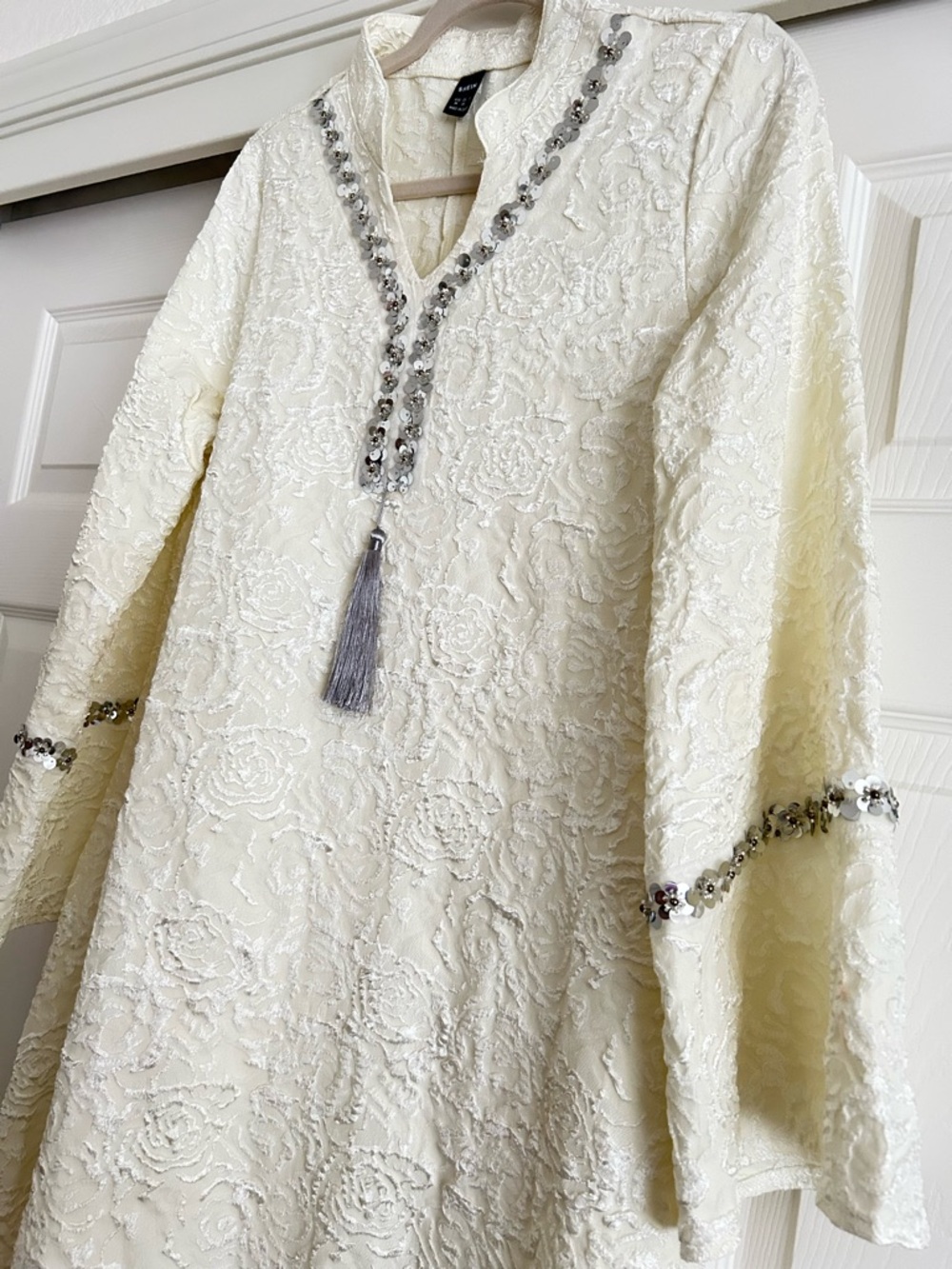 Elegant White Embroidered Maxi Dress with Tassel Detail